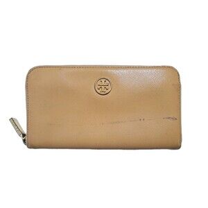TORY BURCH Leather Robinson Continental Zip Around Wallet Tan Yellow Beige